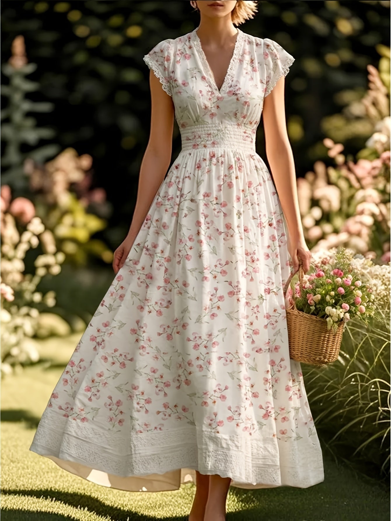 Midi Abito Rosa con Fiori di Ciliegio