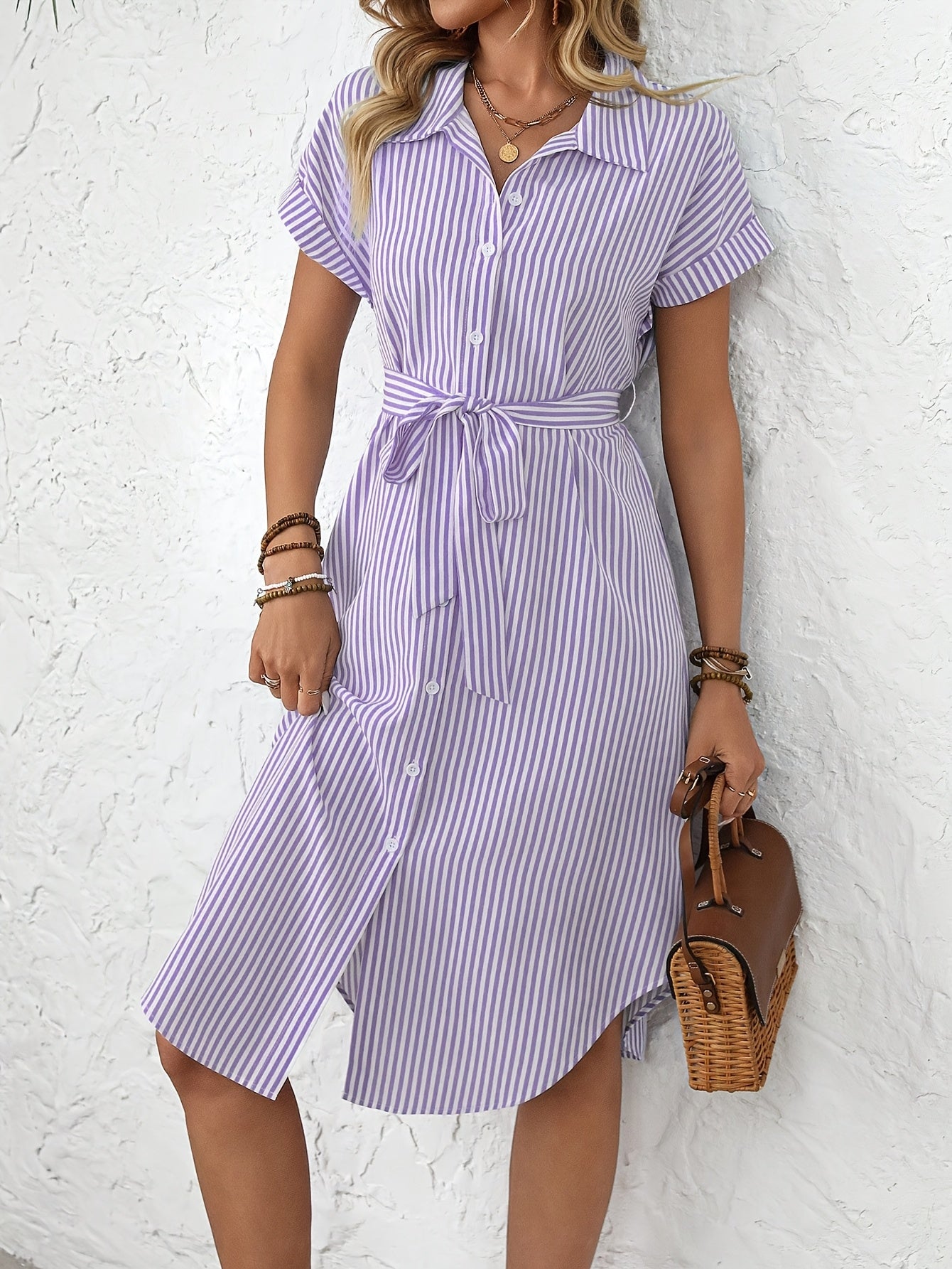 Giada - Elegante gestreepte midi-jurk voor dames met ceintuur