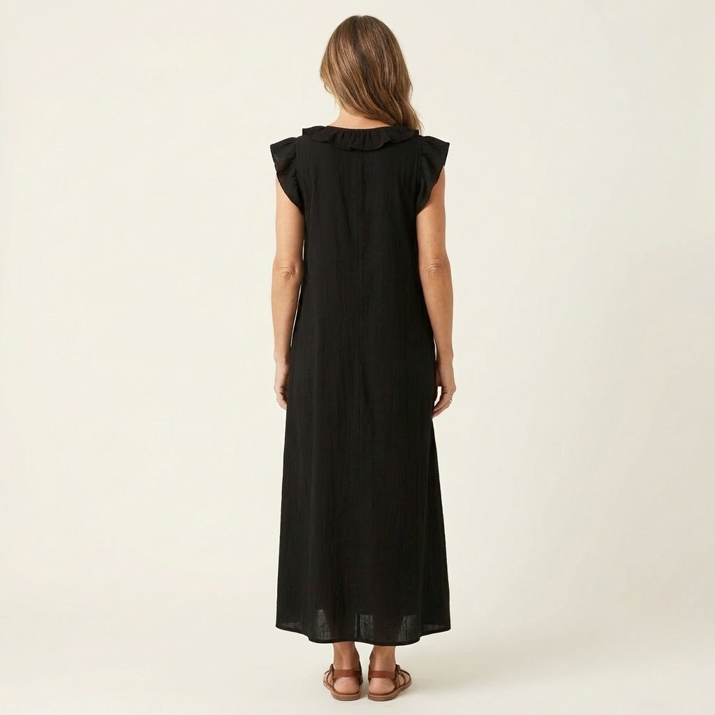 Maria | Linnen maxi-jurk met volant en V-hals