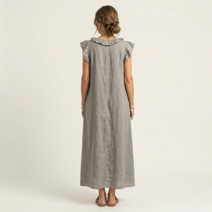 Maria | Linnen maxi-jurk met volant en V-hals