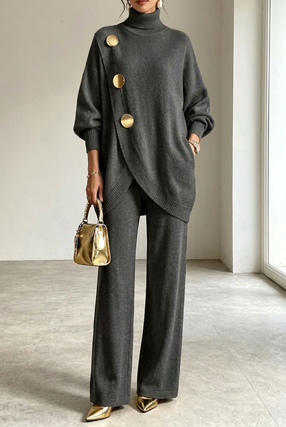 Lorena | Gebreide set met col en wijde broek