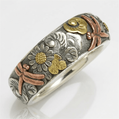 Vintage ambachtelijke zilveren ring met libel en zonnebloem