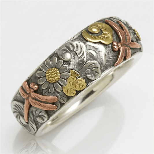 Vintage ambachtelijke zilveren ring met libel en zonnebloem