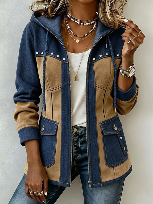 Adriana | Jasje met capuchon in blauw en camel
