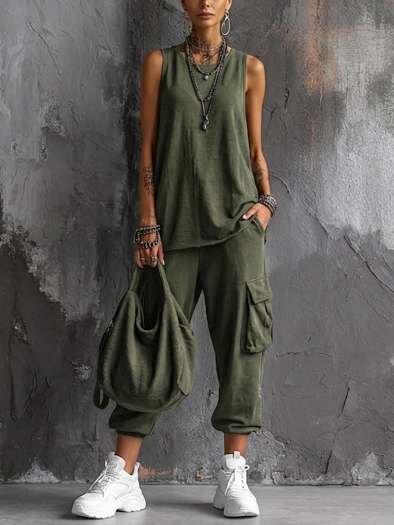 Muriel | Casual zachte set met zakken groen