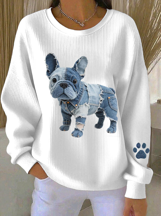 Rosa – Dame-sweatshirt med denim-patchwork i fransk bulldog-stil