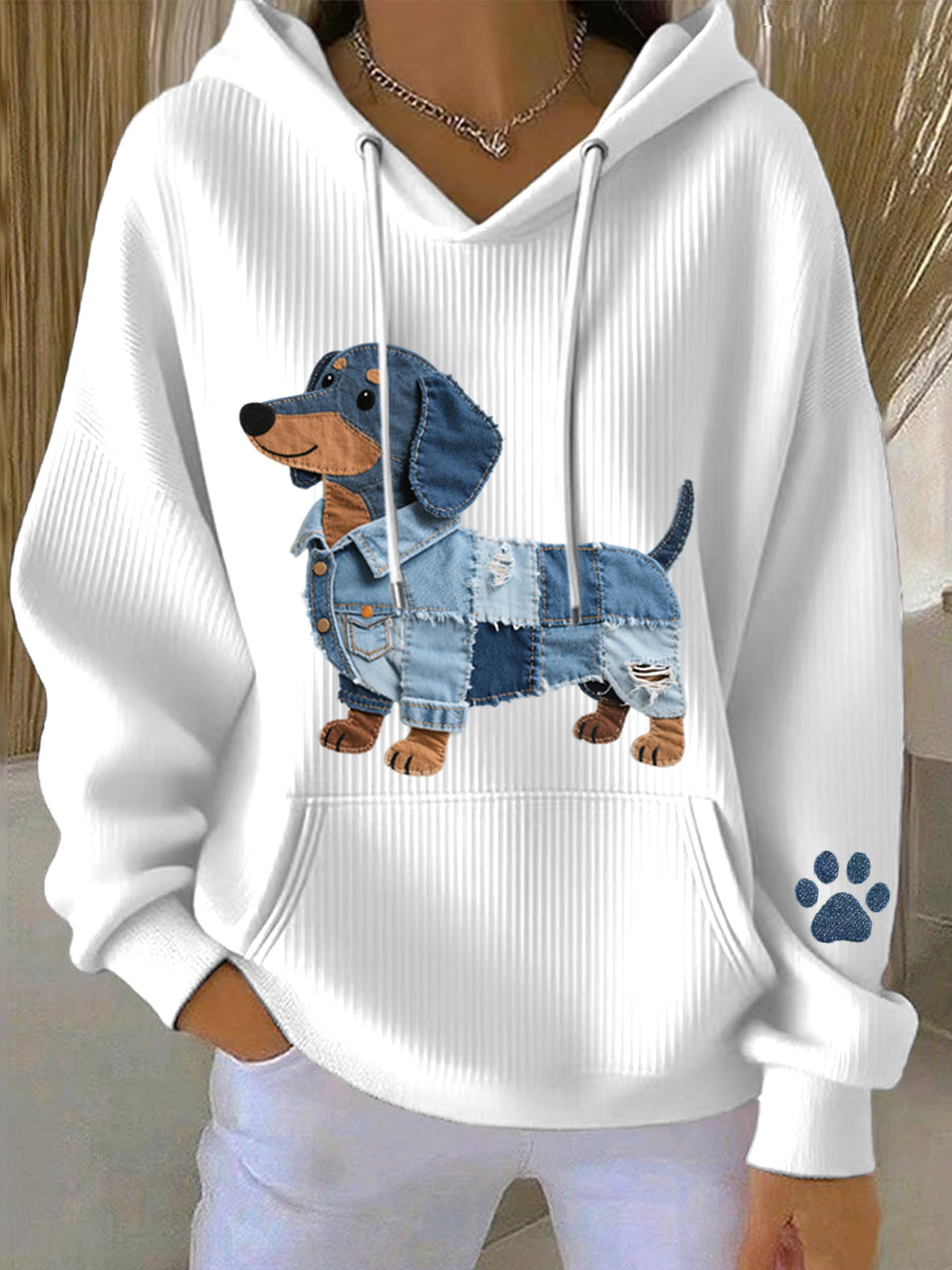 Morena – Dame-sweatshirt med patchwork-kunst og gravhunde-motiv
