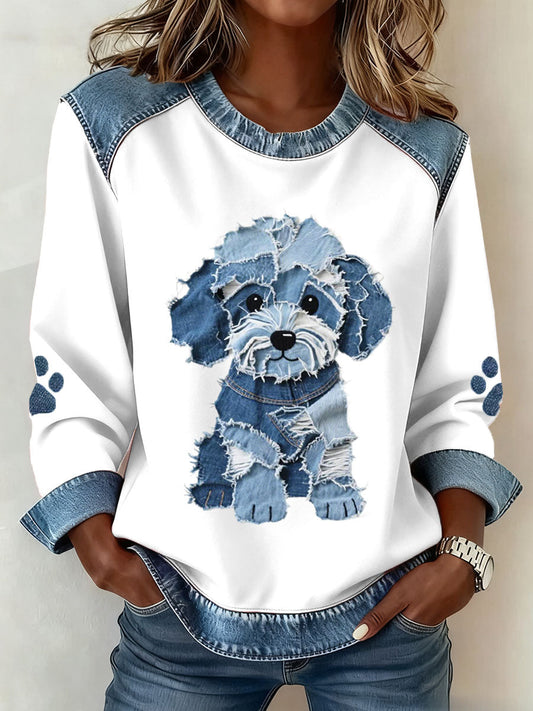 Alma – Dame-sweatshirt med denim-patchwork i fransk bulldog-stil