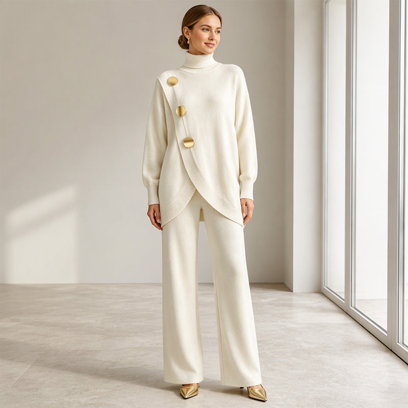 Lorena | Gebreide set met col en wijde broek