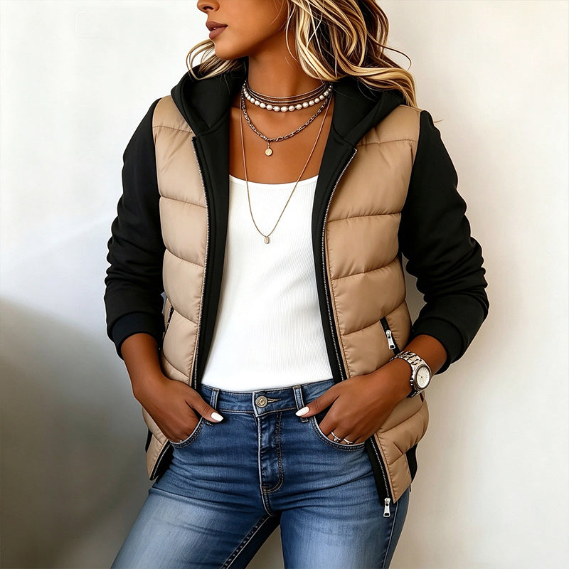 ⏰  Sconto del 50% di cambio stagione – qualità a metà prezzo! ✨Giacca Imbottita con Cappuccio e Blocco Colori da Donna