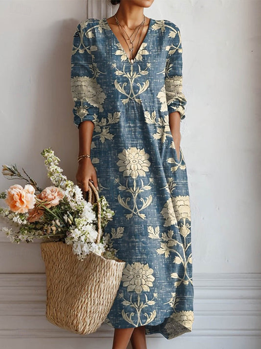 Lange linnen jurk met vintage bloemenprint en V-hals